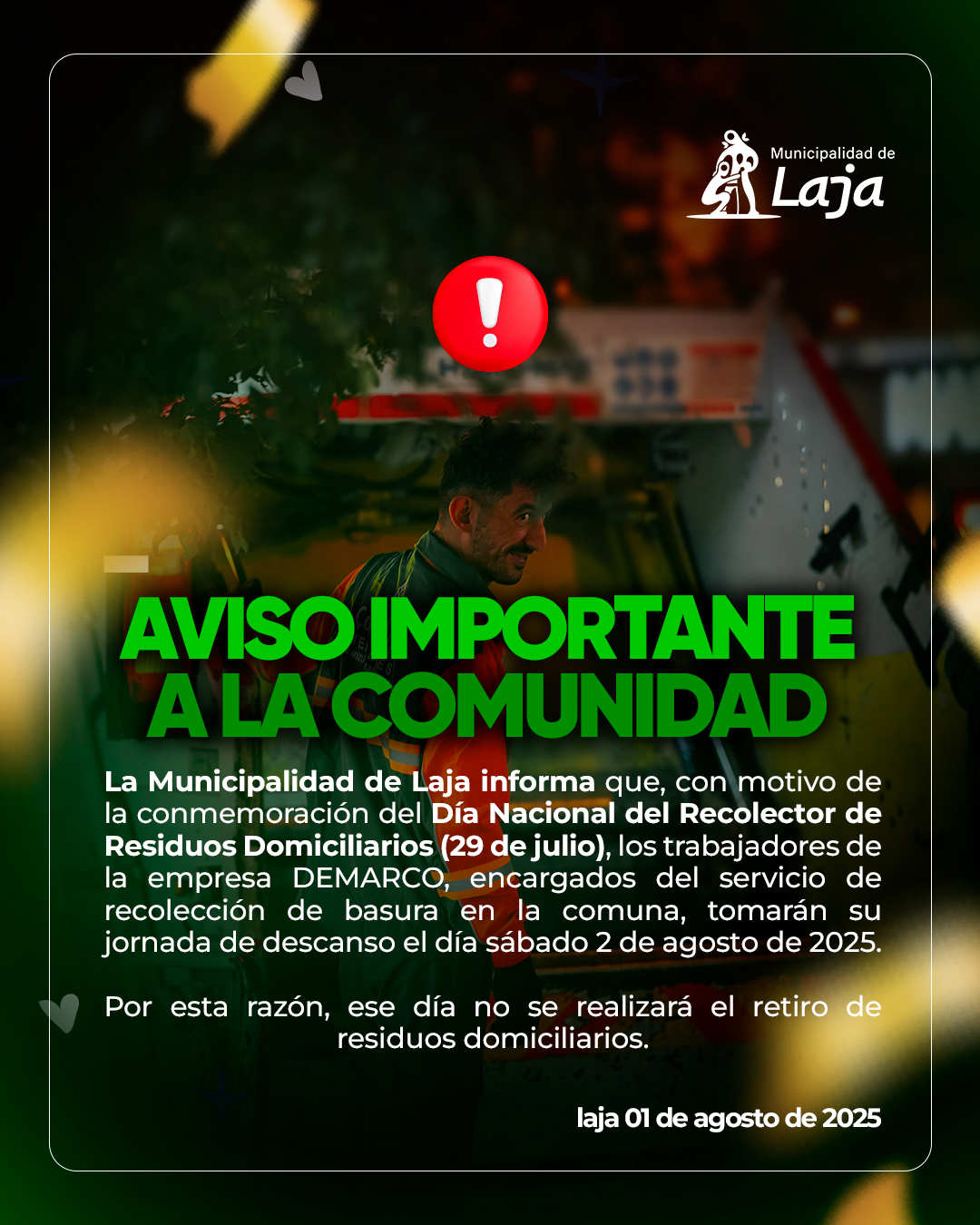 Comunicado: Suspensión de servicio de recolección domiciliaria por conmemoración del Día Nacional del Recolector