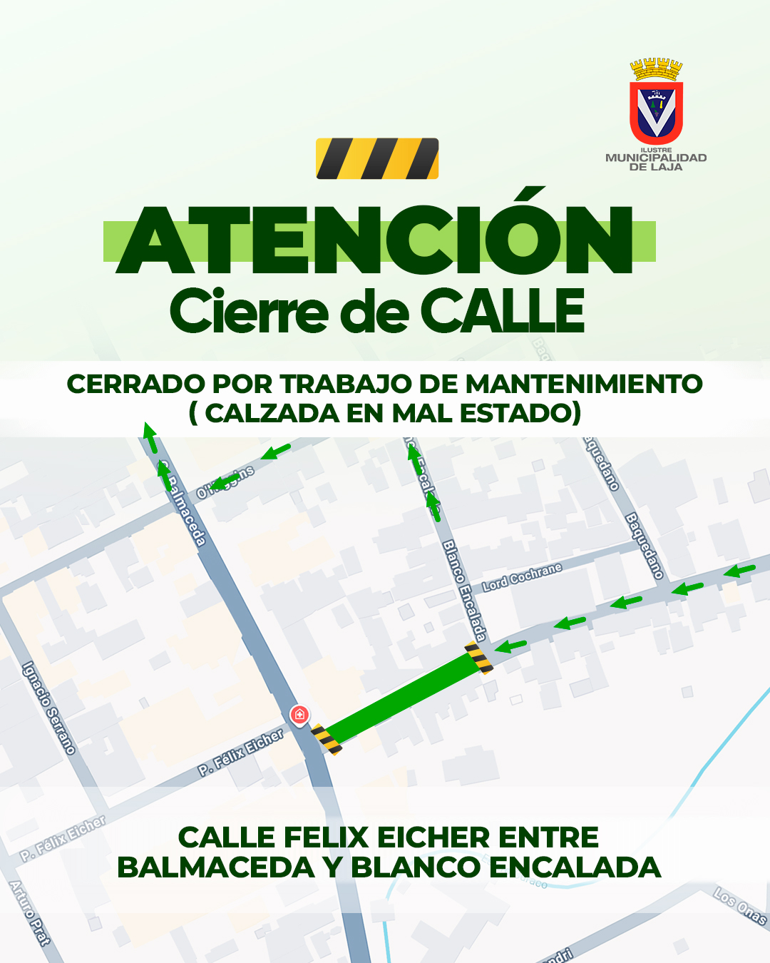 Cierre temporal de calle Félix Eicher por trabajos de pavimentación