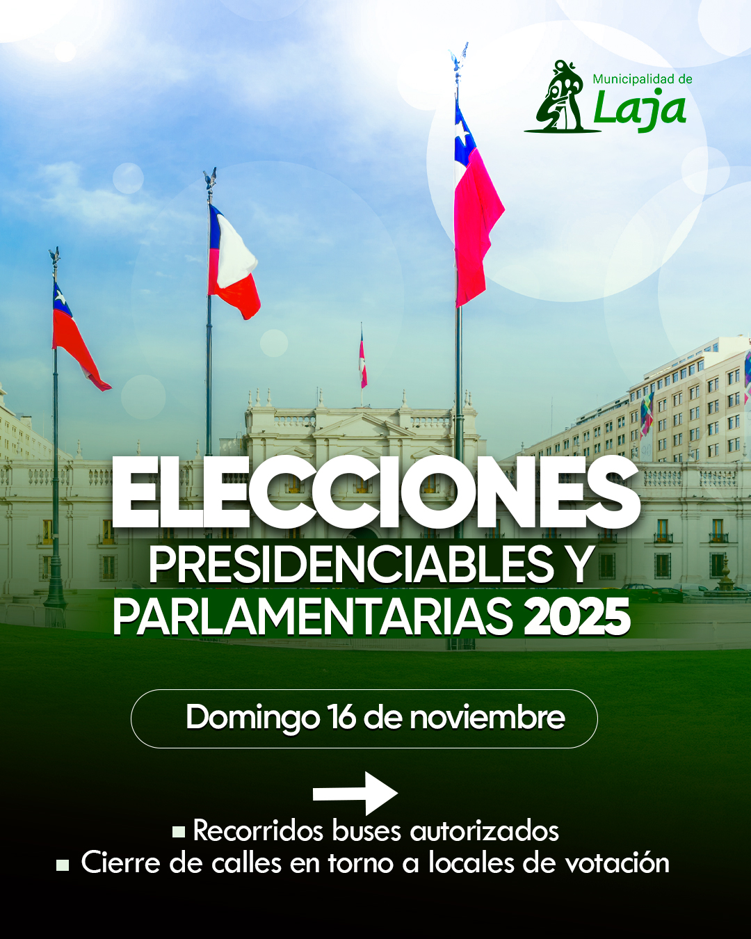 Municipalidad de Laja informa buses de acercamiento y cierre de calles para las elecciones 2025
