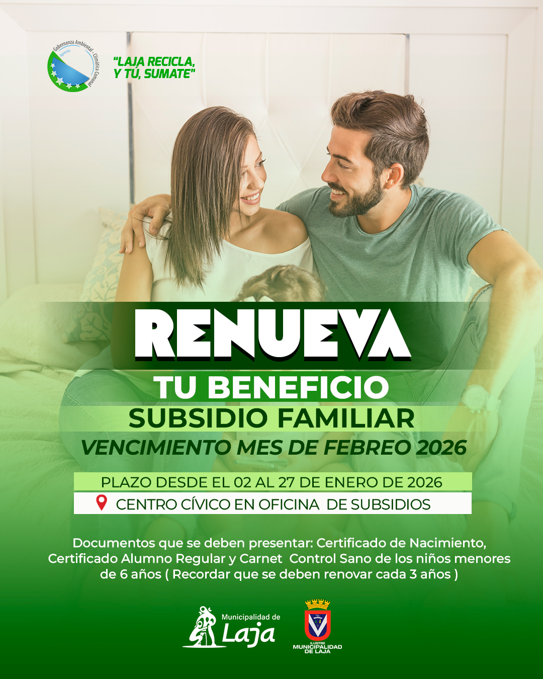 La Municipalidad informa a la comunidad que se encuentra disponible el listado de beneficiarios de Subsidios Familiares cuyo beneficio vence en el mes de febrero de 2026.