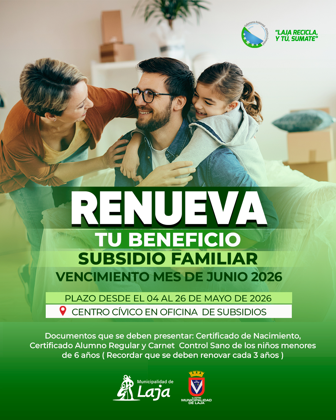 Subsidio Familiar: Municipio llama a revisar renovaciones correspondientes a junio de 2026