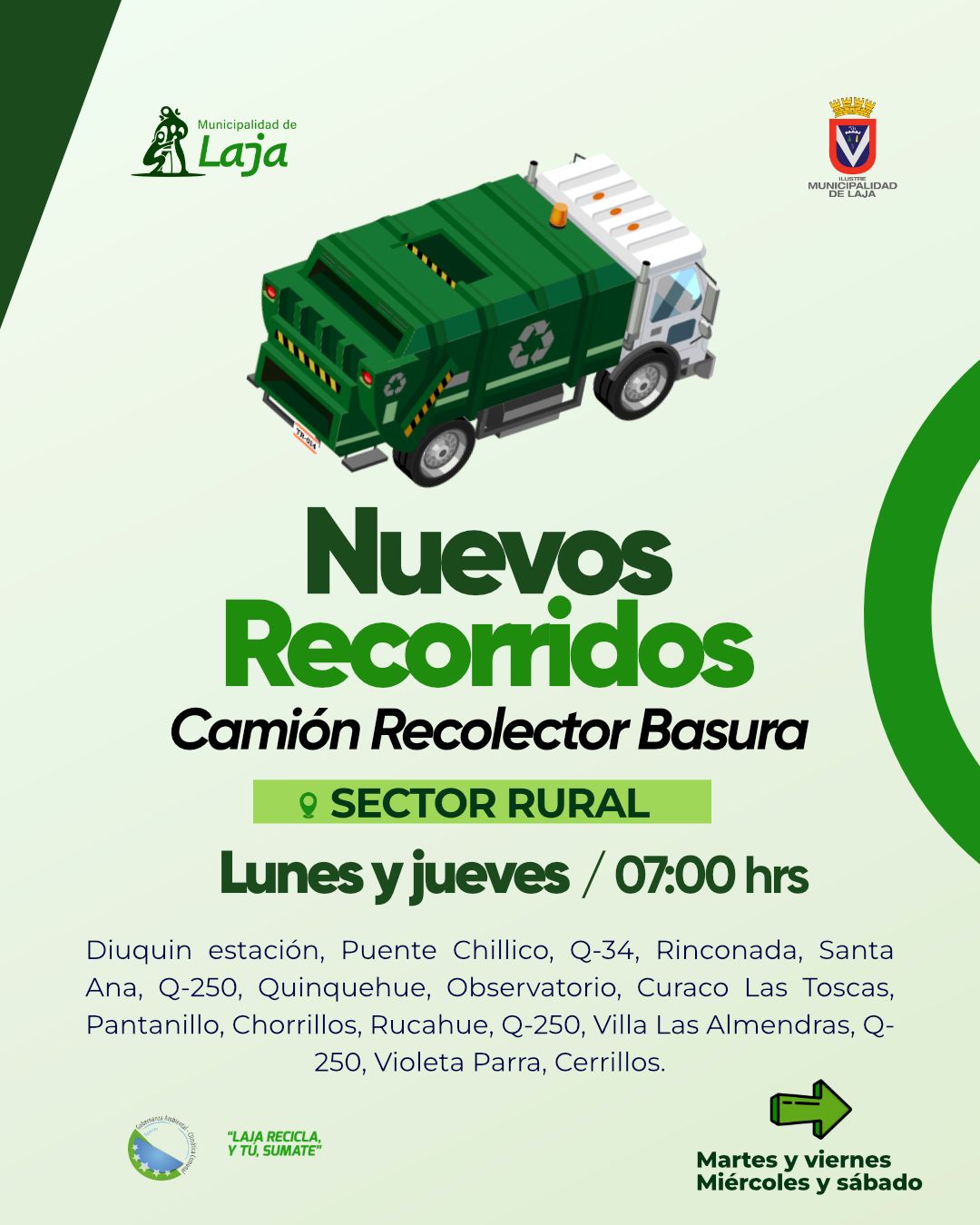 Municipalidad de Laja informa nuevos recorridos del camión recolector en sectores rurales