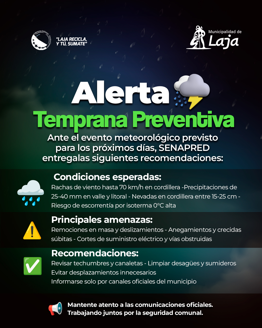 Municipio activa medidas preventivas ante sistema frontal y refuerza monitoreo en sectores críticos de Laja