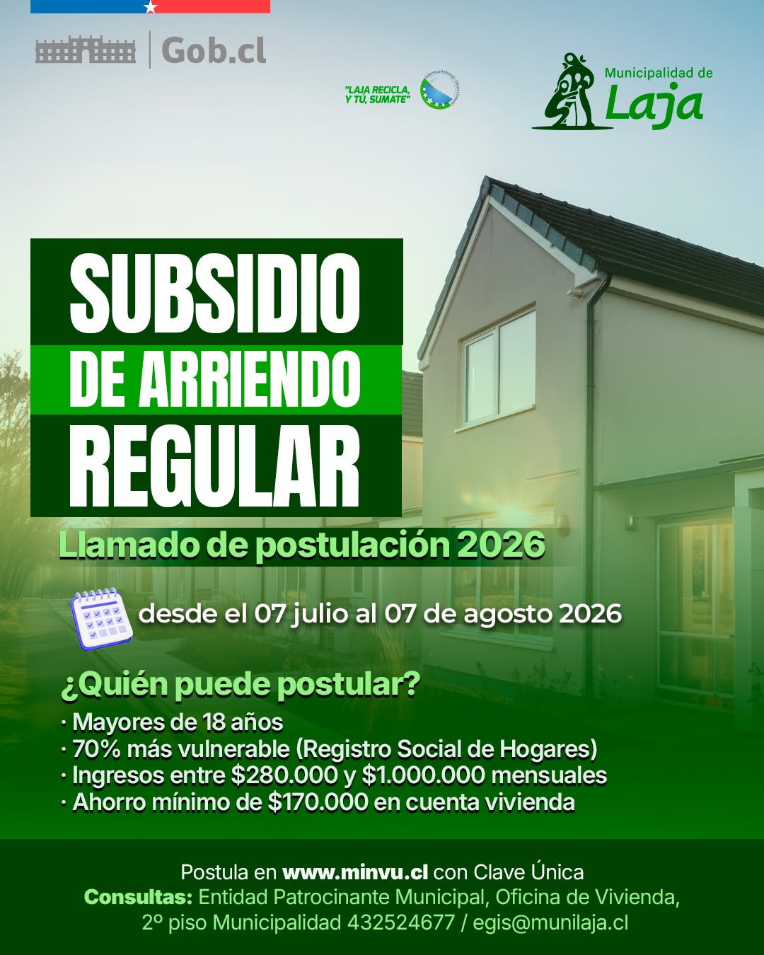 Municipalidad de Laja informa apertura de postulaciones al Subsidio de Arriendo Regular 2026