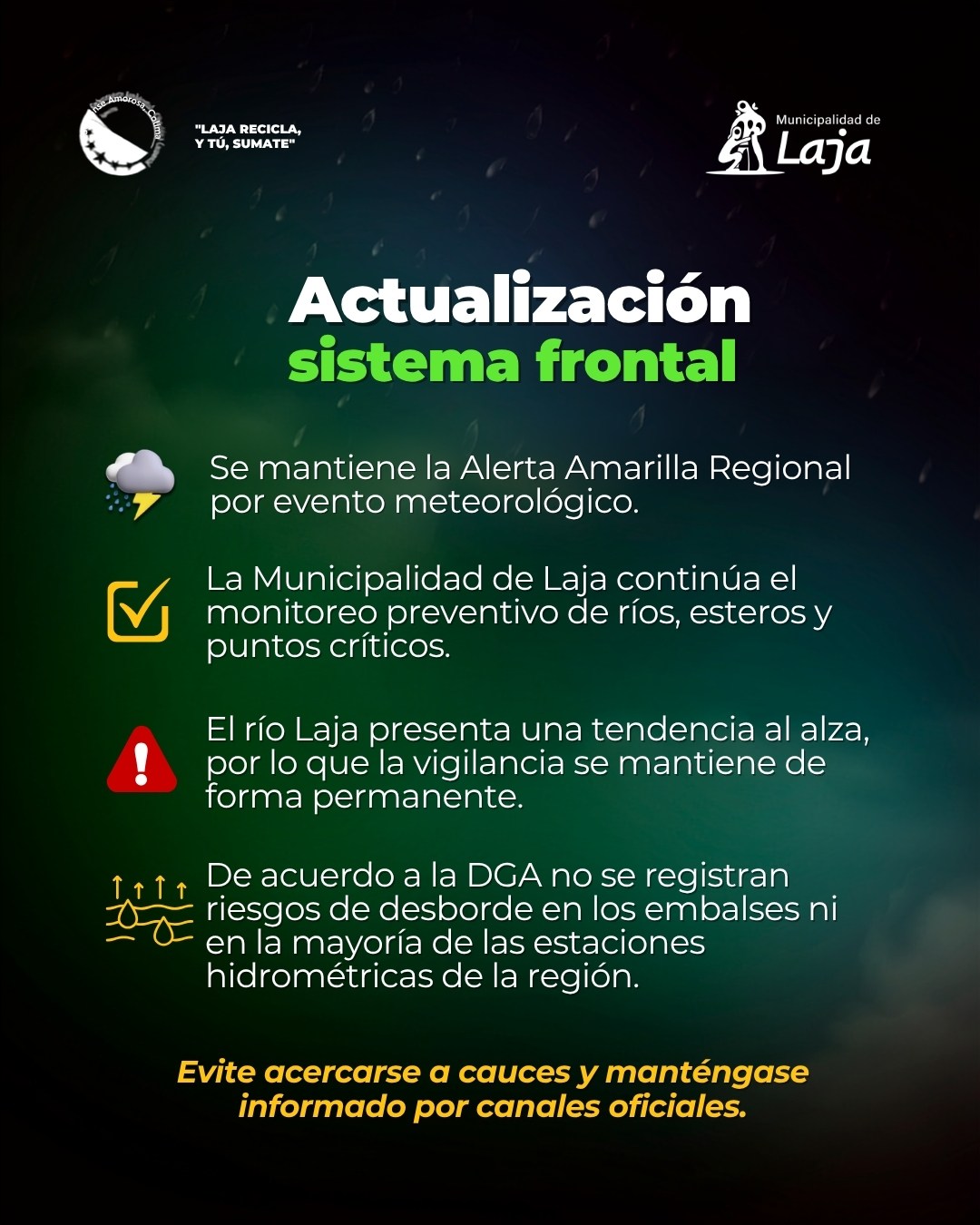 Municipalidad de Laja mantiene monitoreo permanente ante continuidad del sistema frontal