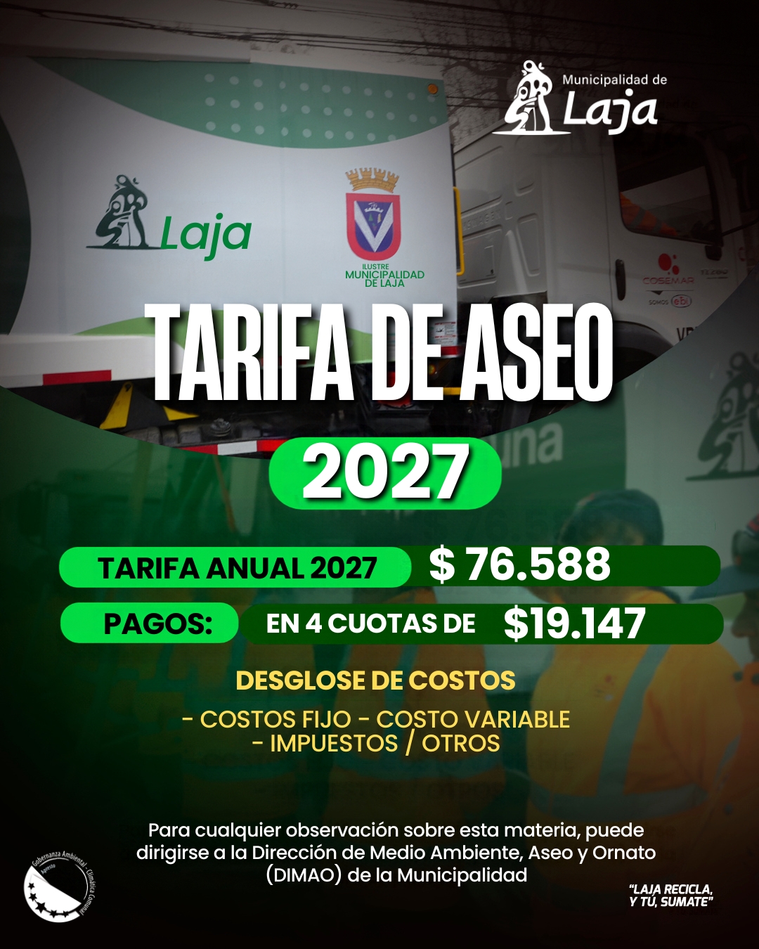 Municipalidad de Laja informa determinación de tarifa proyectada de derechos de aseo 2027-2029