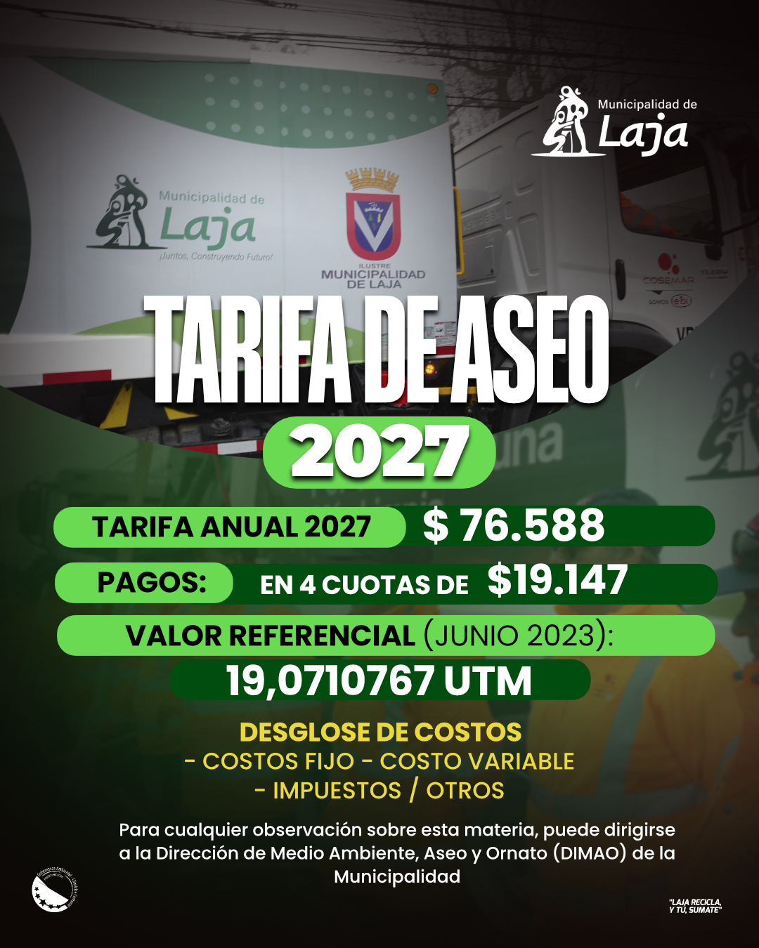 Municipalidad de Laja informa determinación de tarifa proyectada de derechos de aseo 2027-2029